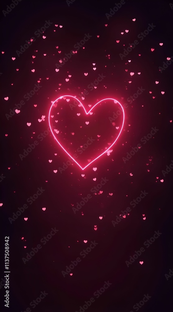 Neon red and pink hearts on black background