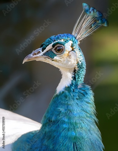 Close-up of a peacock's head and neck, vibrant blue and green feathers shimmering in sunlight, intricate textures of plumage clearly visible. photo