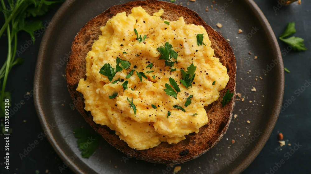 Scrambled Eggs on Wholegrain Toast Garnished with Fresh Parsley Leaves. A delicious serving of creamy scrambled eggs presented on wholegrain toast, garnished with fresh parsley and sprinkled Scrambled Eggs on Wholegrain Toast Garnished with Fresh Parsley Leaves. A delicious serving of creamy scrambled eggs presented on wholegrain toast, garnished with fresh parsley and sprinkled