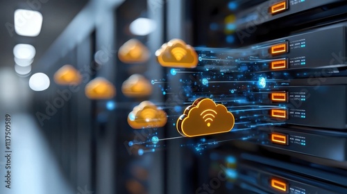Vibrant Cloud Server Rack Technology Backdrop with Blurred Motion and Lights  Abstract digital data and communication concept with dynamic lighting effects