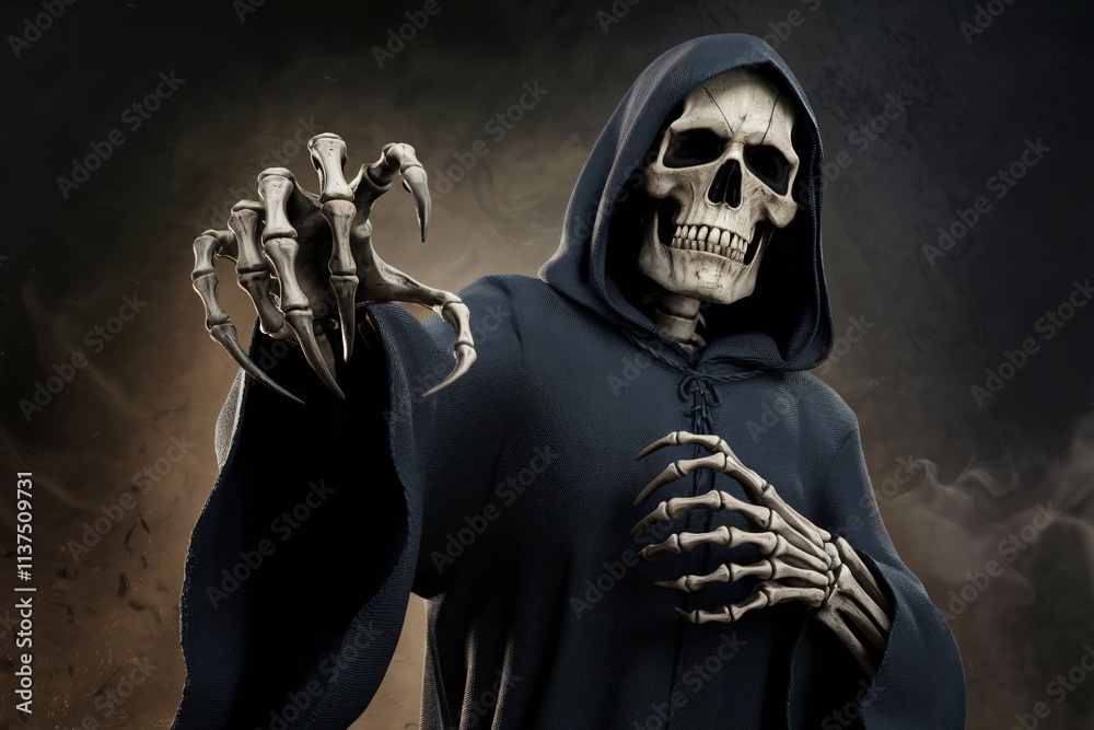 A 3D render of the Grim Reaper. The Reaper is a skeletal figure cloaked in a dark robe and hood. A 3D render of the Grim Reaper. The Reaper is a skeletal figure cloaked in a dark robe and hood.