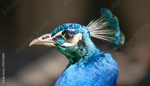 Close-up of a peacock's head and neck, vibrant blue and green feathers shimmering in sunlight, intricate textures of plumage clearly visible. photo