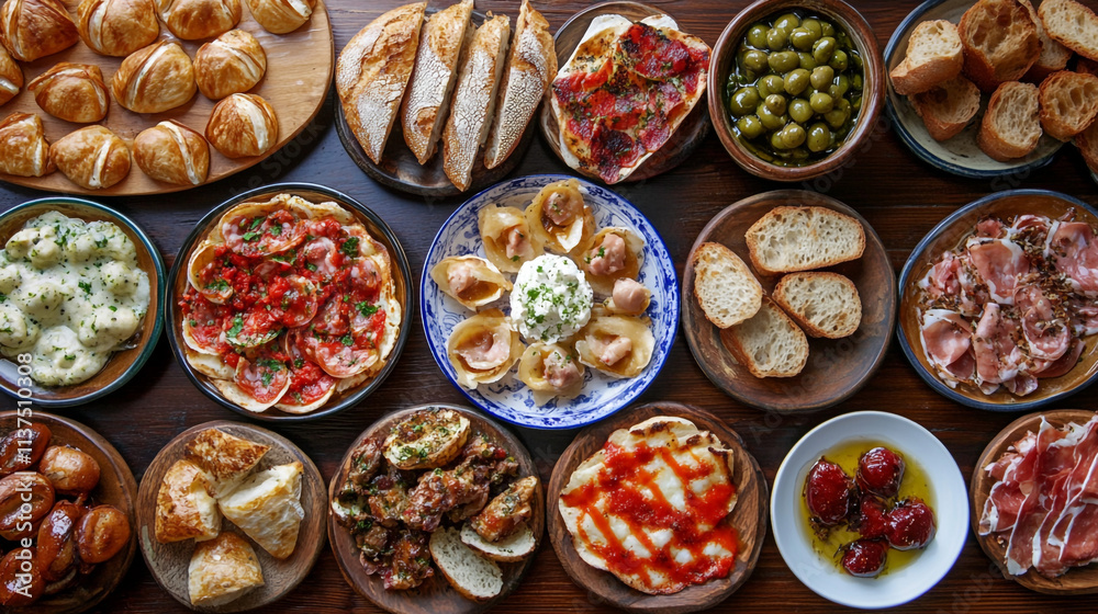 Delicious Variety of Appetizers and Dishes on a Table. A beautiful spread of appetizers, breads, and olives, perfect for gatherings and culinary enjoyment. Delicious Variety of Appetizers and Dishes on a Table. A beautiful spread of appetizers, breads, and olives, perfect for gatherings and culinary enjoyment.