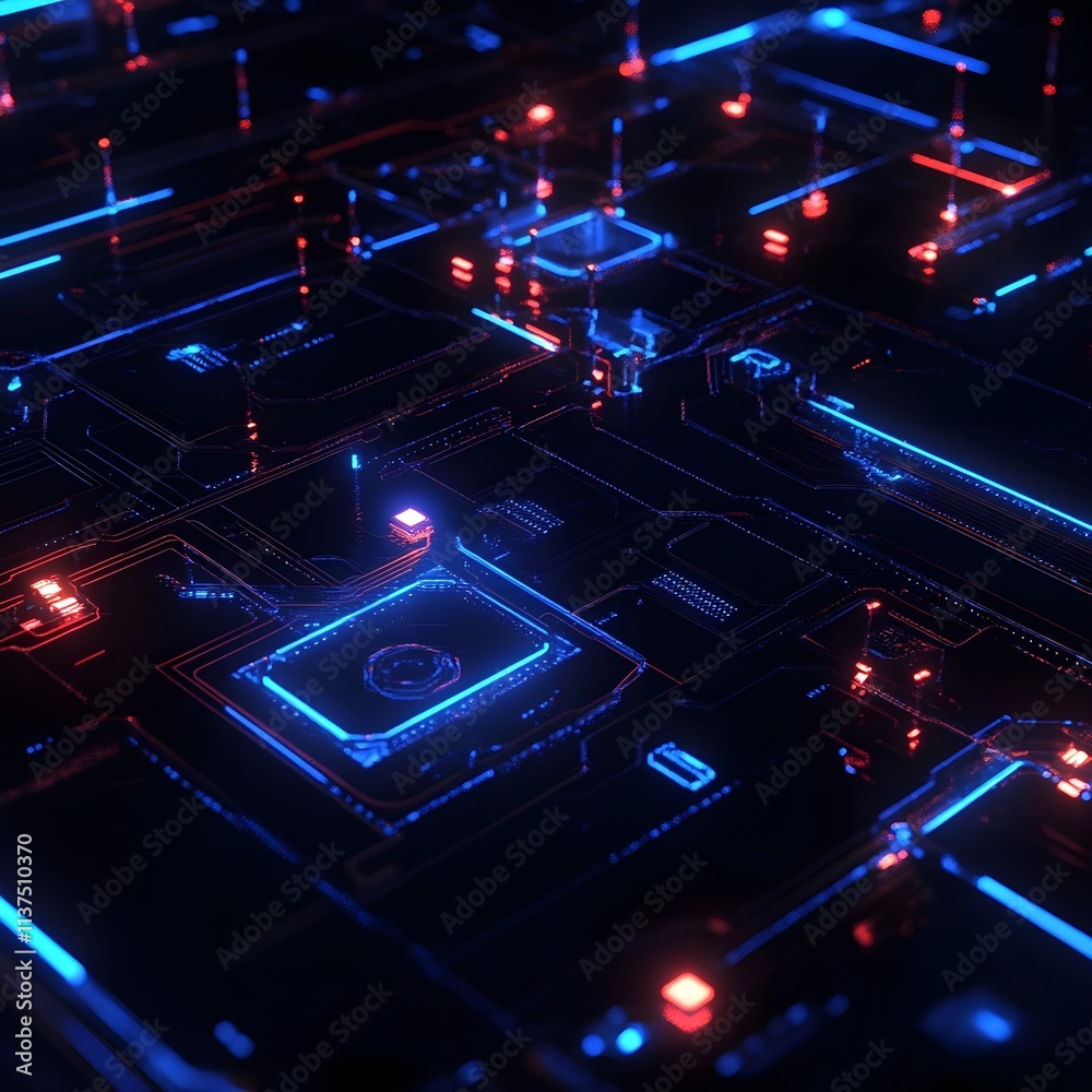 Obraz premium A tech-inspired background with glowing circuit patterns in neon blue on a dark surface