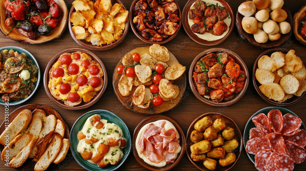 Delicious Spread of Tapas and Appetizers. A vibrant array of delectable tapas, showcasing various flavors and textures perfect for sharing or enjoying alone. Delicious Spread of Tapas and Appetizers. A vibrant array of delectable tapas, showcasing various flavors and textures perfect for sharing or enjoying alone.