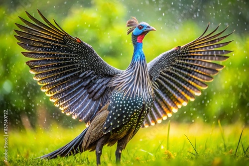 Guinefowl Bird Rain Meadow Photography - Wet Spotted Wings, Avian Wildlife, Nature Image photo