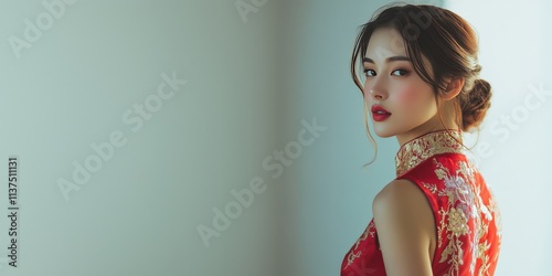 Wallpaper Mural Female model in a classical red qipao with gold embroidery, posed against a pale pastel background, bright soft lighting, traditional elegance, cultural celebration, Chinese New Year theme. Torontodigital.ca