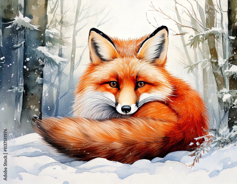 Fototapeta premium Winter-themed watercolor fox curled up in snow-covered woods