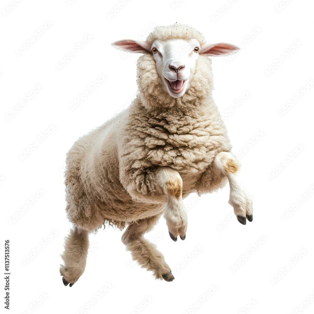 Fototapeta premium Happy Sheep Jumping Isolated on White Background Transparent Background.