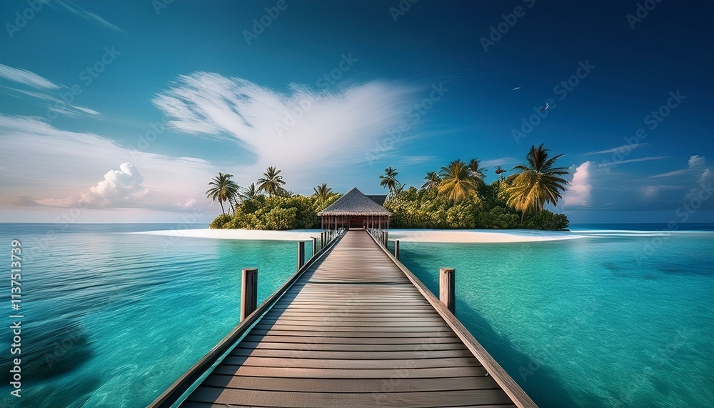Fototapeta premium Wooden Bridge Over The Sea - Tropical Destination - Maldives - Pier For Paradise Island