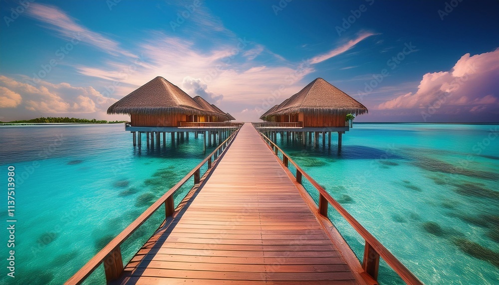 Wooden Bridge Over The Sea - Tropical Destination - Maldives - Pier For Paradise Island Wooden Bridge Over The Sea - Tropical Destination - Maldives - Pier For Paradise Island