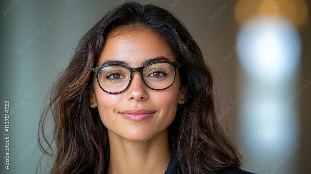 Confident and Thoughtful Young Woman with Glasses and Long Brown Hair Smiling Positively in a Professional Studio Setting Confident and Thoughtful Young Woman with Glasses and Long Brown Hair Smiling Positively in a Professional Studio Setting