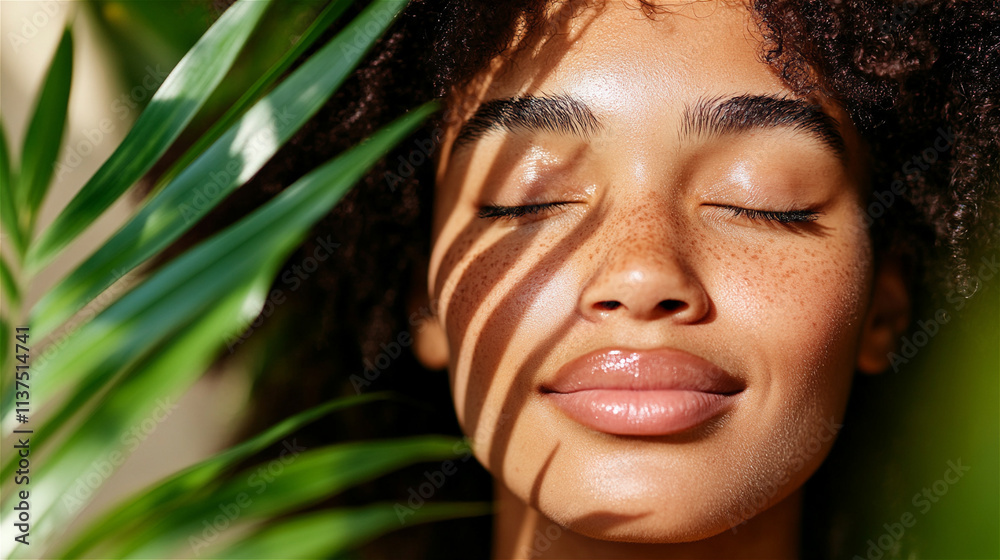 Beautiful latin woman with freckles and curly hair enjoys the sunlight filtering through tropical leaves, creating a relaxing and serene atmosphere Beautiful latin woman with freckles and curly hair enjoys the sunlight filtering through tropical leaves, creating a relaxing and serene atmosphere