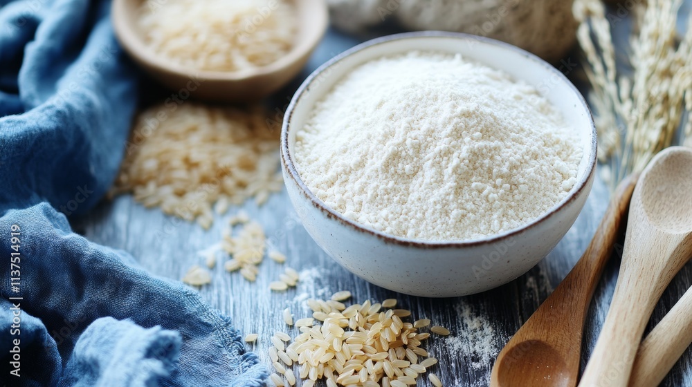 White Bowl of Rice Flour on Rustic Table White Bowl of Rice Flour on Rustic Table