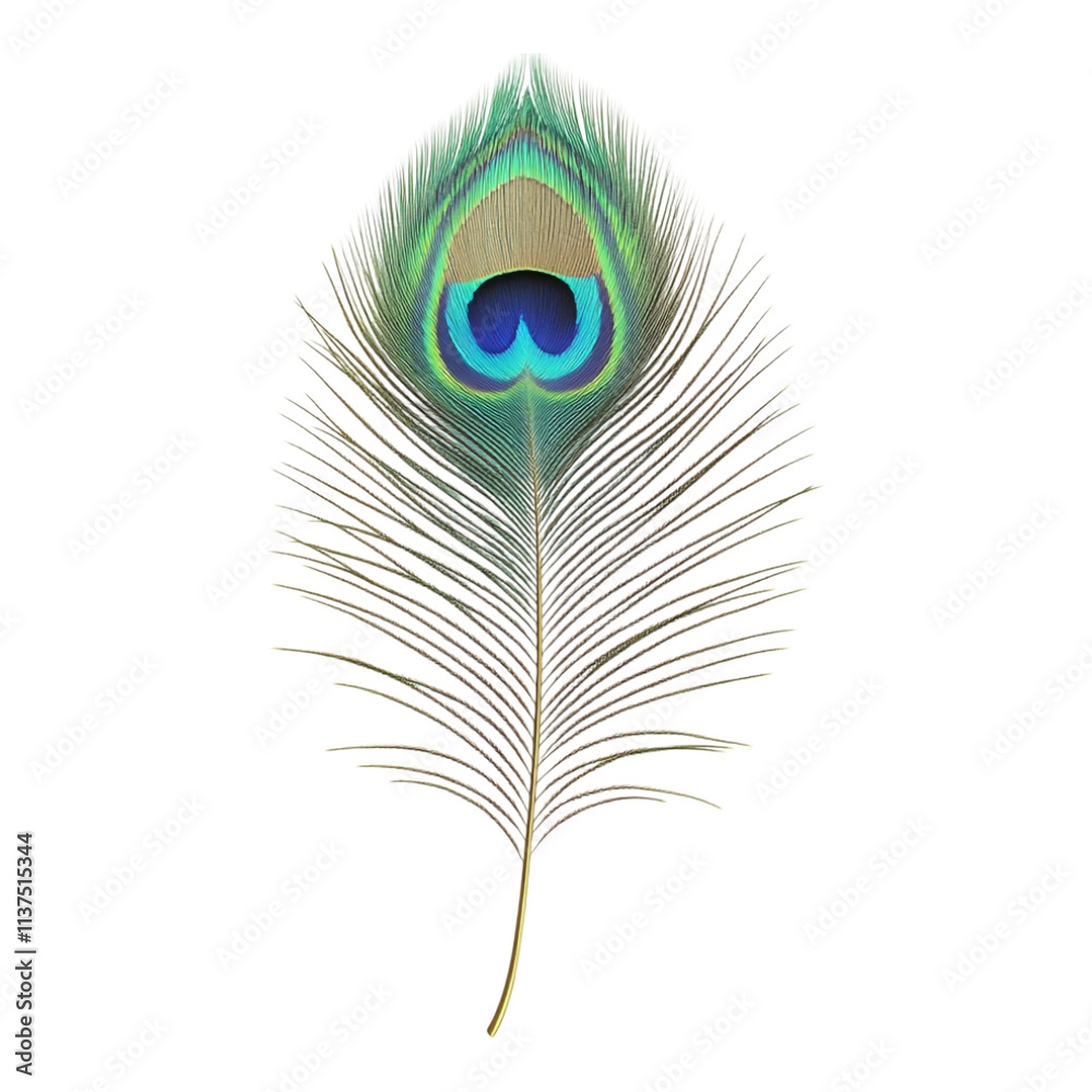 Obraz premium A peacock feather isolated on a transparent background, perfect for artistic projects, home decor, or fashion illustrations.