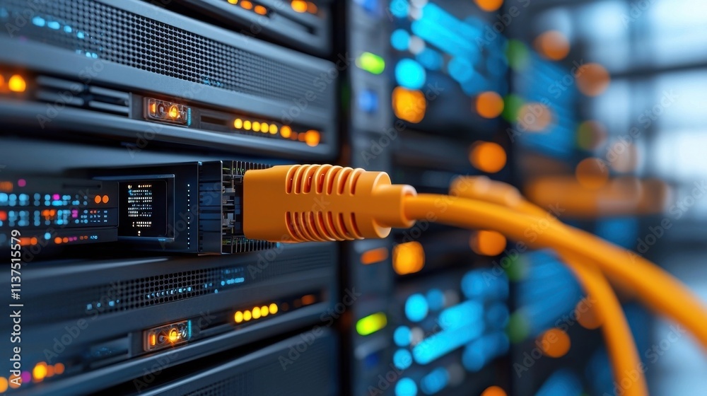 Closeup view of network cables and server equipment in a modern data center Technology and infrastructure concept with cables ports and electronic components of a powerful computing system Closeup view of network cables and server equipment in a modern data center Technology and infrastructure concept with cables ports and electronic components of a powerful computing system