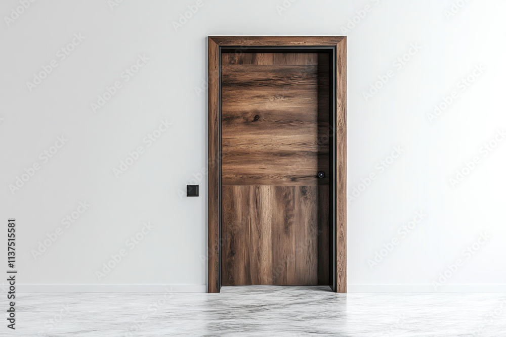 Wooden door set against a white wall, with a sleek marble floor.