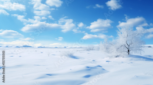 Snowy Winter Landscape with Blue Sky and Clouds