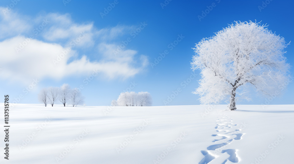 Fototapeta premium Snowy Winter Landscape with Blue Sky and Clouds