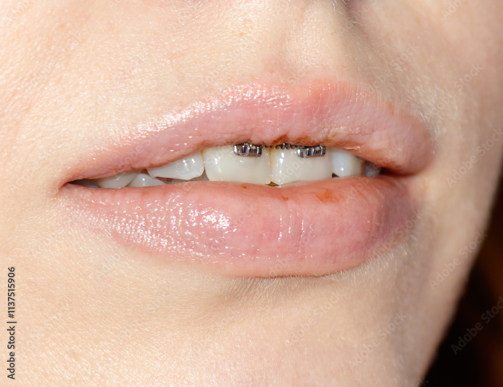Naklejka premium A woman's mouth with braces and a silver colored metal band