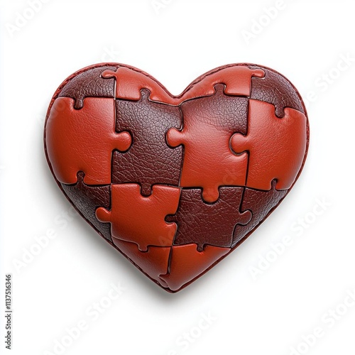 A photostock of a red and orange puzzle heart composition, isolated on a white background, creative and symbolic, High Quality photo