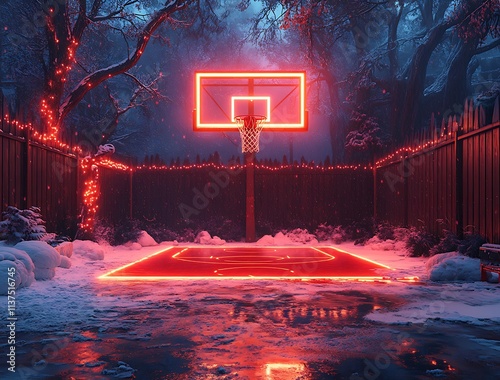  Basketball hoop surrounded by snow in a winter scene