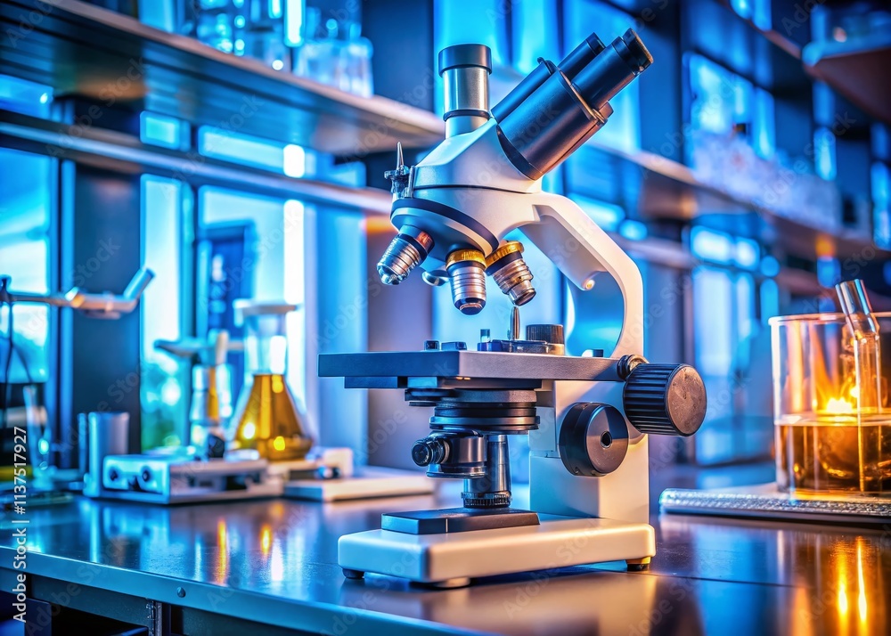 Fototapeta premium High-Resolution Microscope Lab Photo: Deep Depth of Field Microscopy Image, Scientific Research, Laboratory Equipment