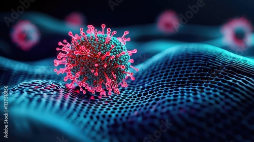Cancer cells idea. Detailed representation of a virus on a digital background showcasing science and technology.
