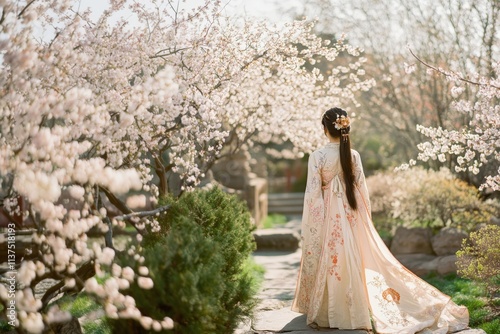 Wallpaper Mural  Full-body shot of a woman in an intricately embroidered hanfu with flowing sleeves, standing gracefully in garden, natural light, blooming cherry blossoms, traditional elegance, Chinese New Year. Torontodigital.ca