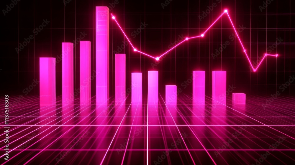 Pink Neon Graph with Bars and Line on Digital Background Pink Neon Graph with Bars and Line on Digital Background