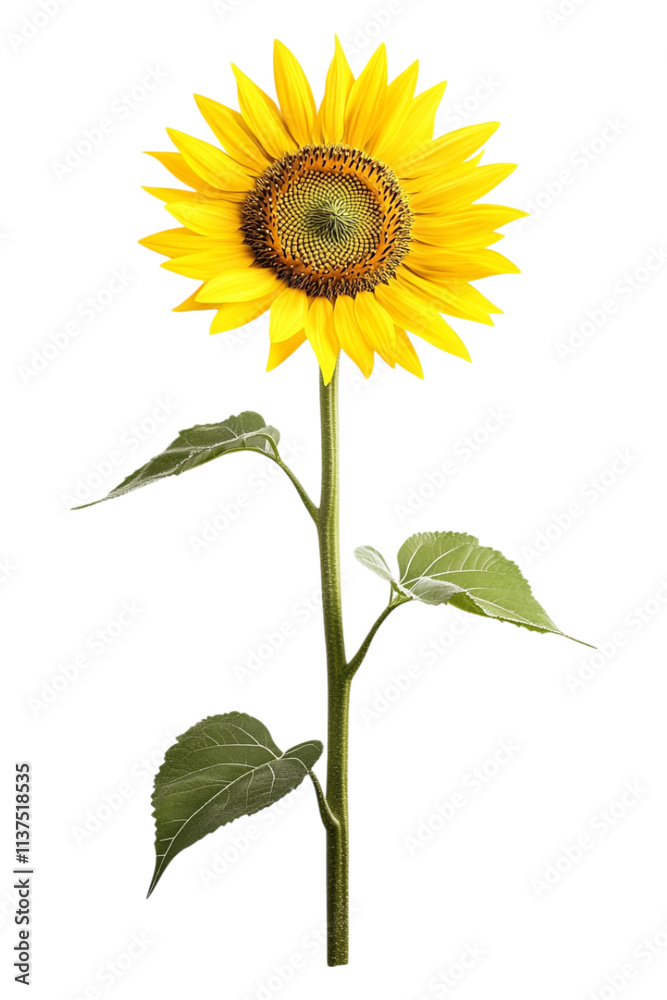 Fototapeta premium A single vibrant yellow sunflower stands tall on its green stem with large leaves, perfectly isolated for summer marketing.