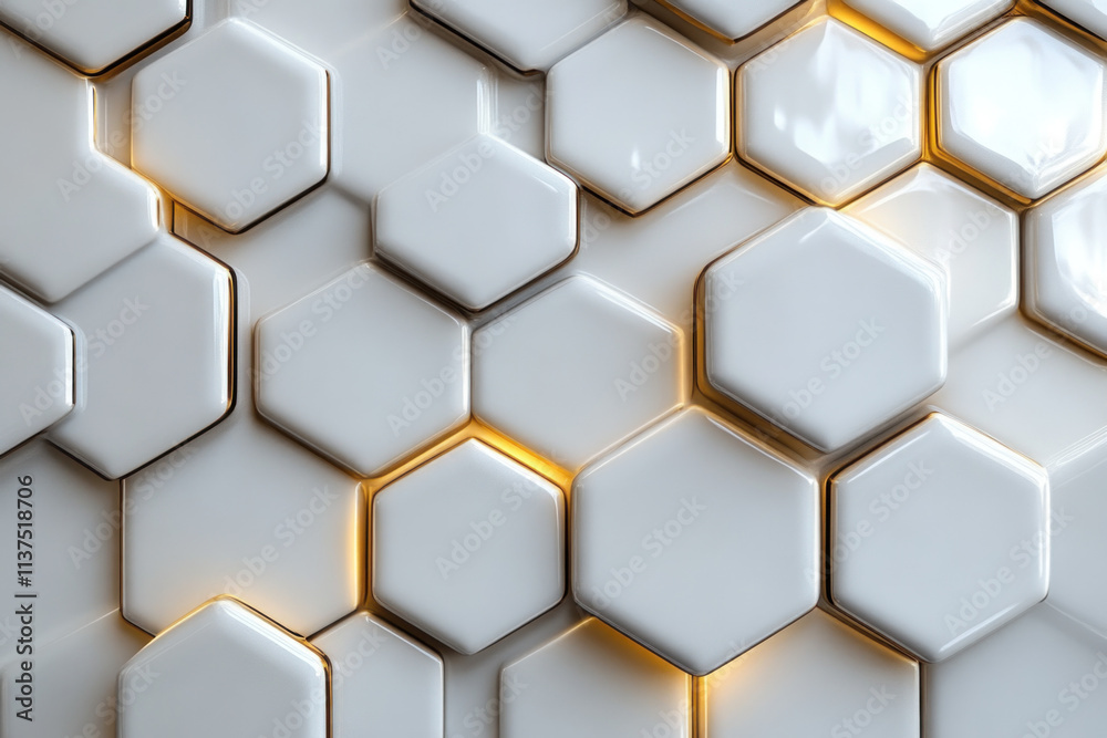 White Hexagons Form Abstract Background with Golden Light White Hexagons Form Abstract Background with Golden Light
