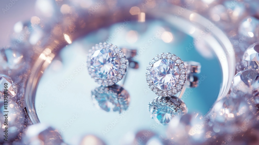 Elegant Diamond Earrings Displayed on Reflective Surface Elegant Diamond Earrings Displayed on Reflective Surface