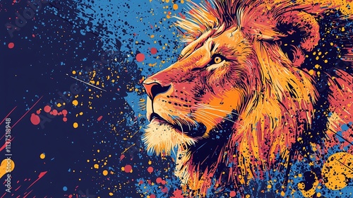 Colorful lion head, paint splatter background. photo