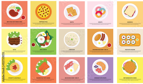 Top view food menu icon set, Bacon Egg Sunny- Side Up, Waffle, Sausages Sunny-Side Up, Sandwich, Nasi Campur, Croissant with Fruits, Donuts, Corn Soup, Beef Steak with Potato Wedges, Sushi with Wasabi