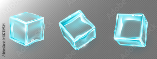 Transparent ice cubes with glowing blue edges at different angles. Realistic 3d vector set of frozen blocks with light refraction and glossy surface. Crystal clear elements for beverage or cooling.