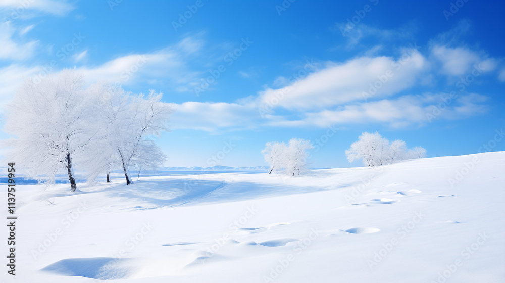 Snowy Winter Landscape with Blue Sky and White Clouds