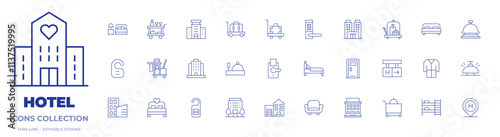 Hotel icons collection. Thin Line icons, editable stroke. accomodation, cleaning cart, door hanger, food trolley, hotel, luggage cart, resort, room service, baggage, doorknob