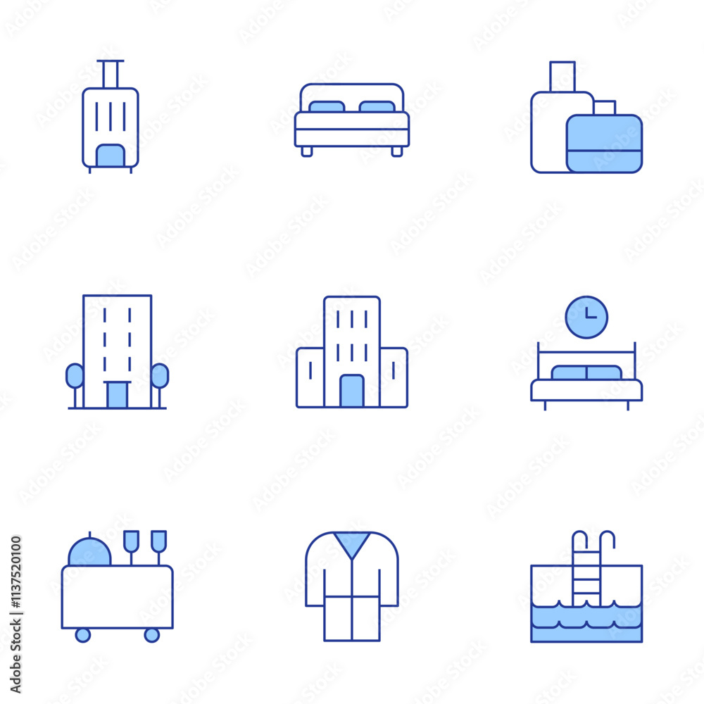 Hotel icons set. Line Duotone style, editable stroke. hotel, room service, sleep, swimming pool, suitcase, bathrobe, double bed Hotel icons set. Line Duotone style, editable stroke. hotel, room service, sleep, swimming pool, suitcase, bathrobe, double bed