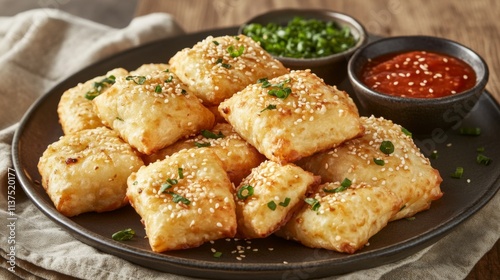 Delicious Golden Brown Savory Pastries with Sesame Seeds and Sauce