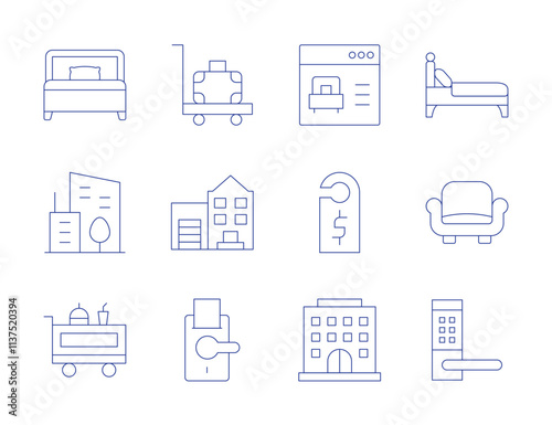 Hotel icons. Thin Line style, editable stroke. bed, booking, city, door hanger, food trolley, hotel, baggage, building, couch, doorknob, handle