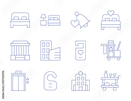 Hotel icons. Thin Line style, editable stroke. accomodation, bed, building, cleaning cart, door hanger, food trolley, bell, choultry, do not disturb, elevator, hotel