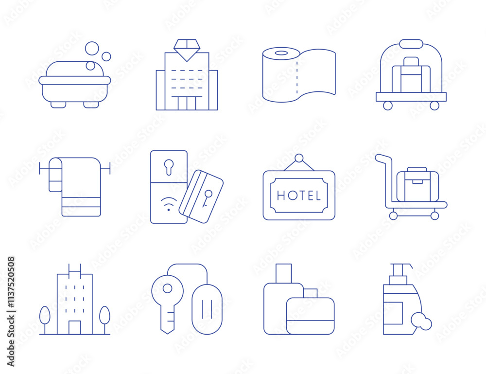 Hotel icons. Thin Line style, editable stroke. soap, toilet paper, hotel, towel, hotel cart, key card, luggage, room key, shampoo, suitcase