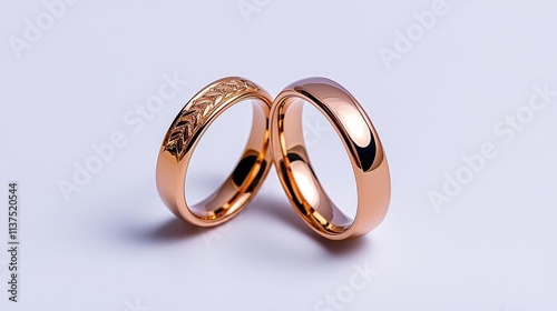 A photostock of a set of two gold wedding bands, isolated on a clean white background, elegant and timeless, High Quality photo