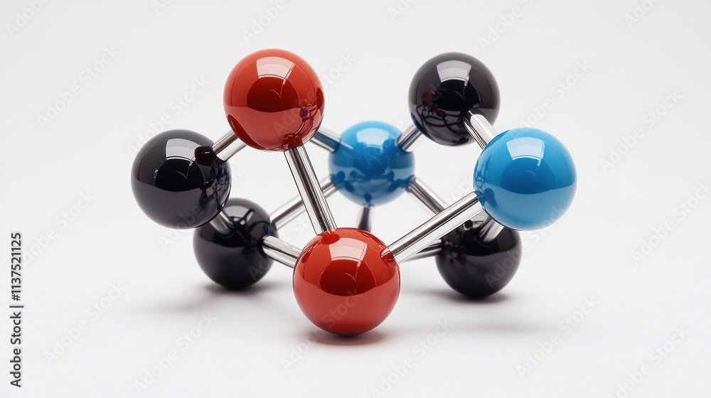 Obraz premium Molecular model with red, black, blue spheres linked by rods.