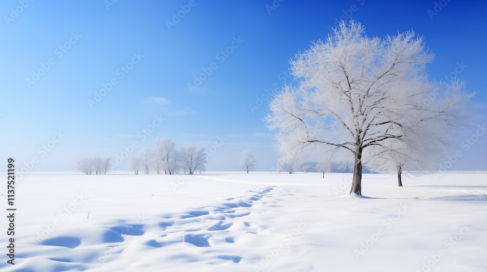 Snowy Winter Landscape with Blue Sky and White Clouds Snowy Winter Landscape with Blue Sky and White Clouds