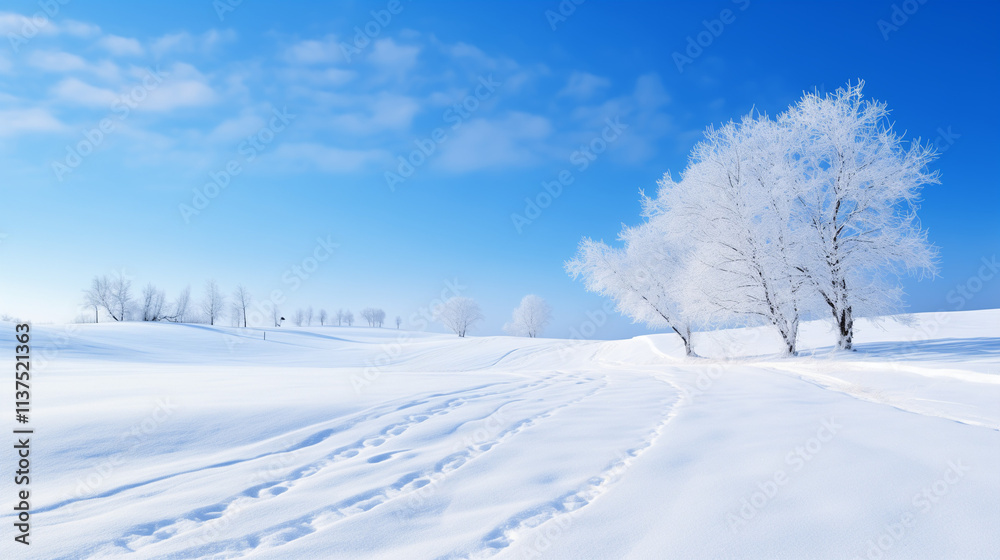Snowy Winter Landscape with Blue Sky and White Clouds Snowy Winter Landscape with Blue Sky and White Clouds