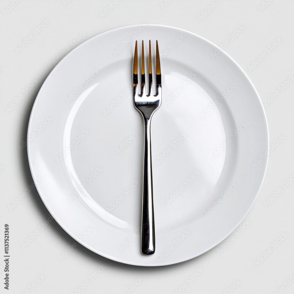 A photostock of a simple silver fork resting on a white plate, isolated on a clean white background, minimalistic and elegant, High Quality A photostock of a simple silver fork resting on a white plate, isolated on a clean white background, minimalistic and elegant, High Quality