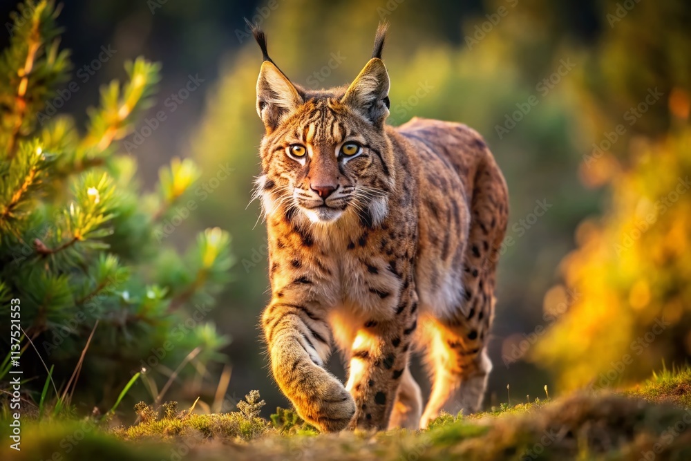 Obraz premium Iberian Lynx Walking, Spain Wildlife Photography, Endangered Lynx pardinus, Rule of Thirds Composition, Nature Image