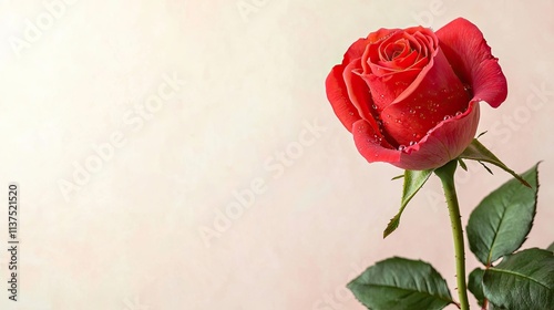 Valentine rose concept. Beautiful red rose with soft petals and vibrant green leaves on a light background.